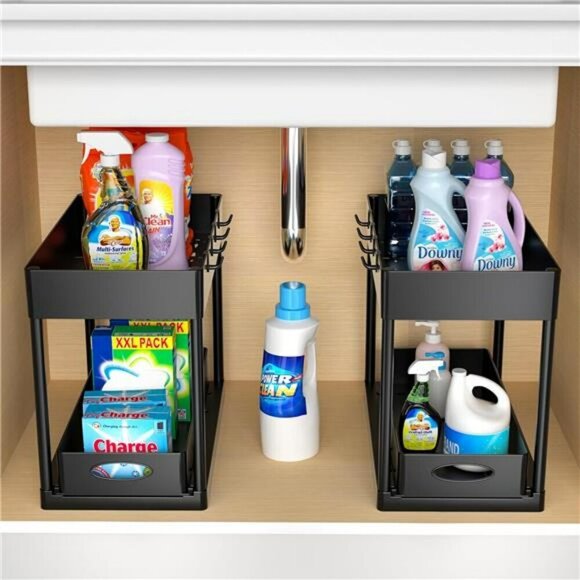 Under Sink Basket Organizer 2 Tier Sliding Storage for Bathroom Kitchen Black - Picture 5 of 7